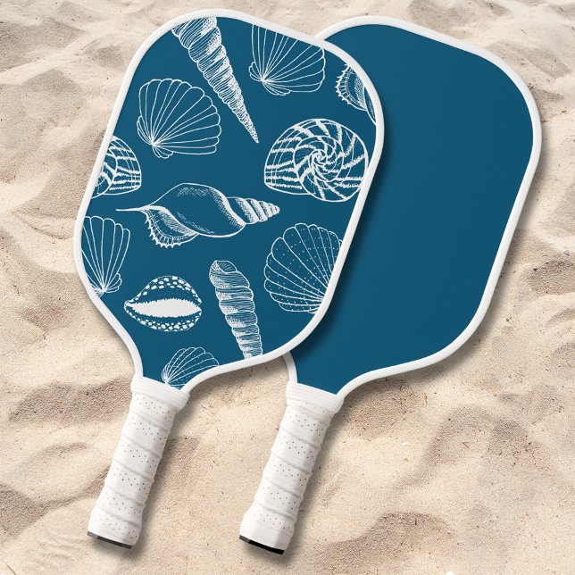 Sea Shell Nautical Beach Pickleball Paddle (Blue & white nautical sea shell  pickleball paddle. Perfect for beach house vacation house.)