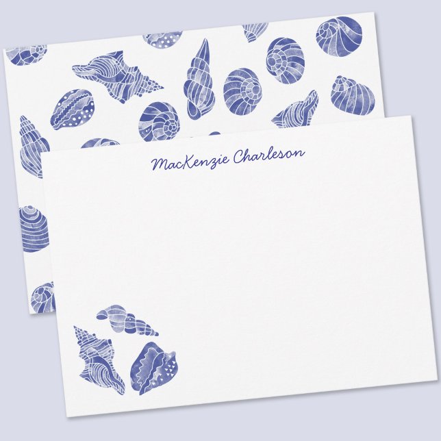 Sea Shell Watercolor Coastal Personalised Card (Blue and white watercolor seashell pattern personalized name or text notecards)