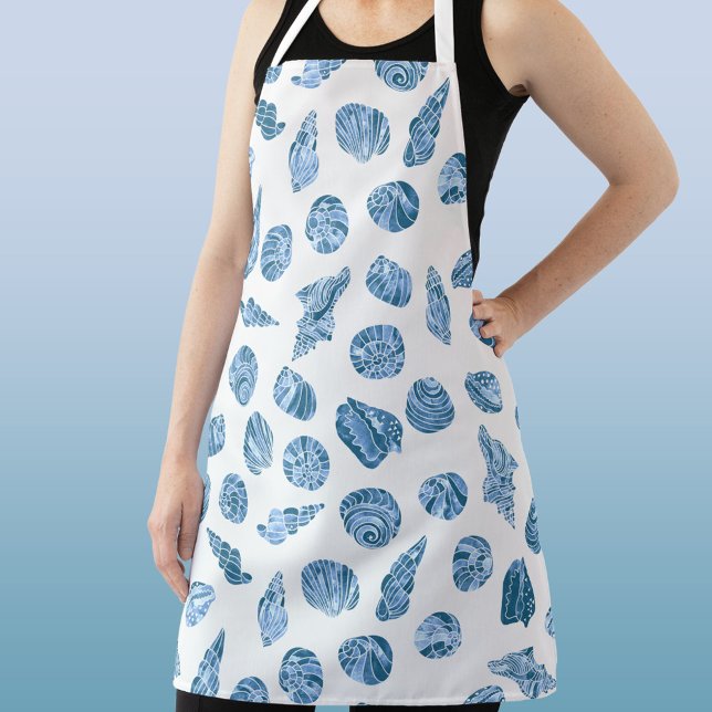 Sea Shell Watercolor Nautical Coastal Blue Apron (Modern sea shell coastal nautical watercolor pattern apron)
