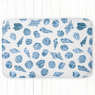 Sea Shell Watercolor Nautical Coastal Blue Bath Mat