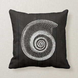 Sea Shell White Vintage Black Distress Wood Pillow