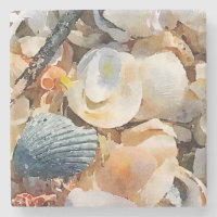 Sea Shells and Driftwood on Beach Sand Coaster