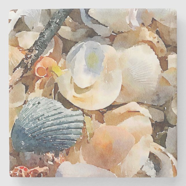 Sea Shells and Driftwood on Beach Sand Coaster (Front)