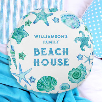 Sea Shells and Starfish Family Beach House  Round Cushion