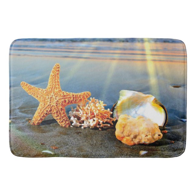 Sea shells and starfish on beach bath mat (Front)