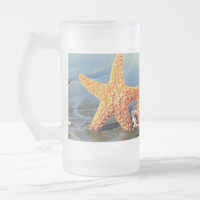 Sea shells and starfish on beach frosted glass beer mug (Left)