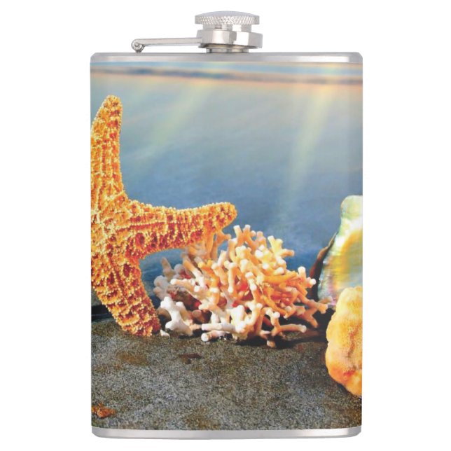 Sea shells and starfish on beach hip flask (Front)