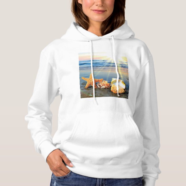 Sea shells and starfish on beach hoodie (Front)