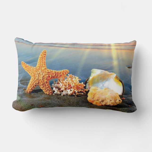 Sea shells and starfish on beach lumbar cushion (Front)