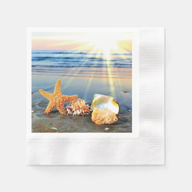 Sea shells and starfish on beach napkin (Front)