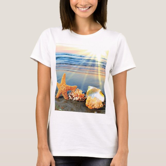Sea shells and starfish on beach T-Shirt (Front)