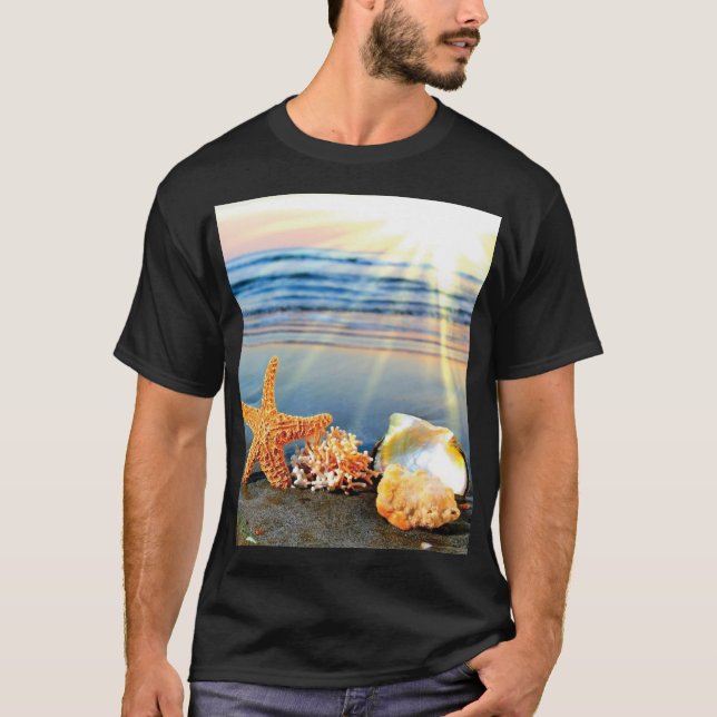 Sea shells and starfish on beach T-Shirt (Front)