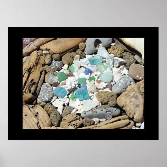 Sea Shells art prints Blue Green Sea Glass Fossils (Front)