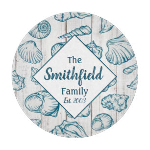 Sea Shells Beach House Nautical Family Name Wood Cutting Board