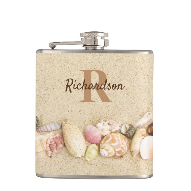 Sea Shells Beach Monogram Coastal Hip Flask (Front)