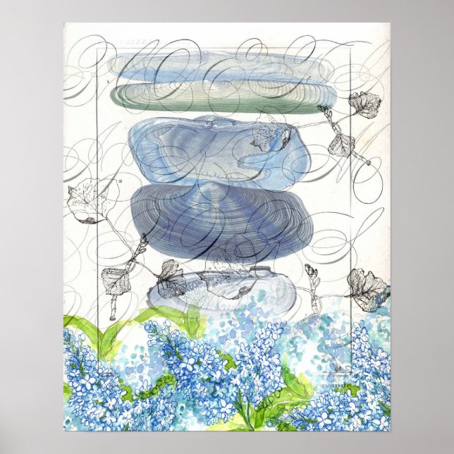 Sea Shells Blue Lilacs Watercolor Flowers Collage Poster (Front)