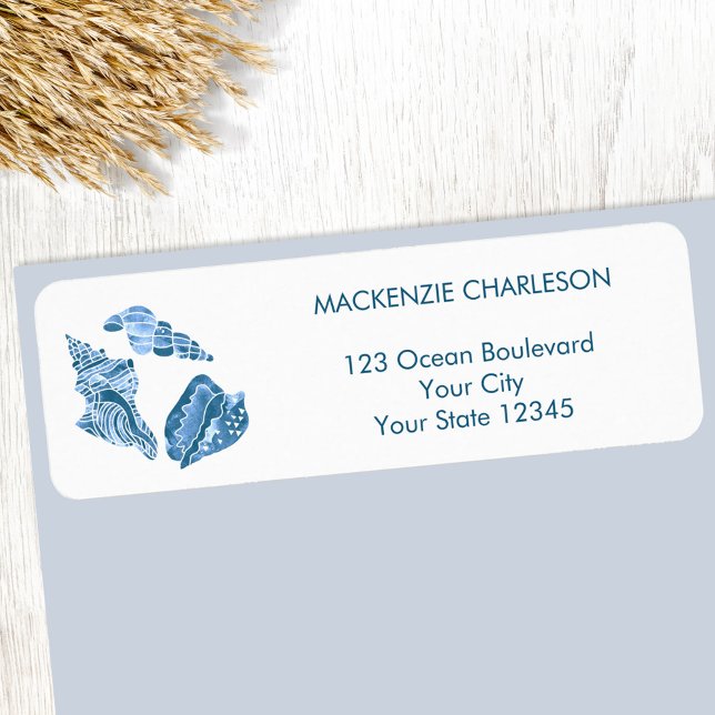 Sea Shells Coastal Return Address Label (Sea shells blue and white watercolor beach coastal return address label)