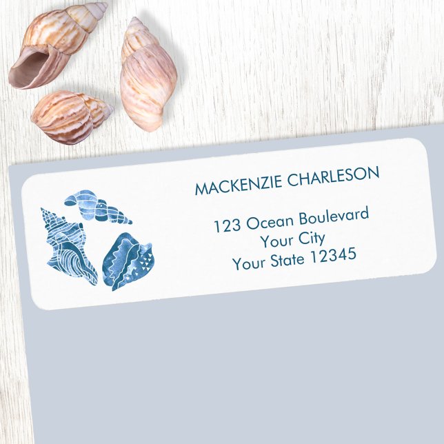 Sea Shells Coastal Return Address Label (Sea shells blue and white watercolor beach coastal return address label)
