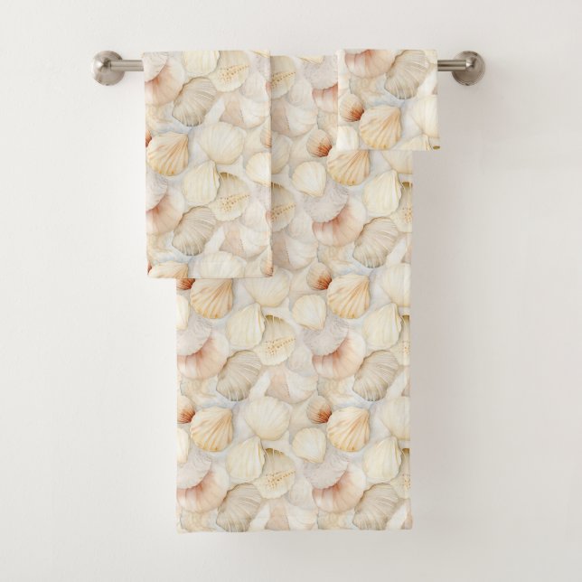 Sea Shells Cream Sand Ivory Beach  Bath Towel Set (Insitu)
