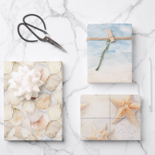 Sea Shells Cream Sand Ivory Beach  Wrapping Paper Sheet (Front)