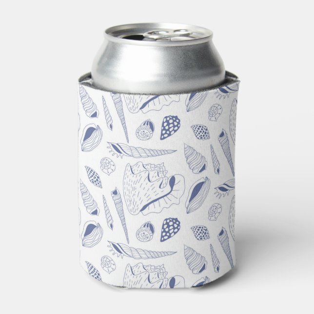 Sea shells drawing in blue and white can cooler (Can Front)