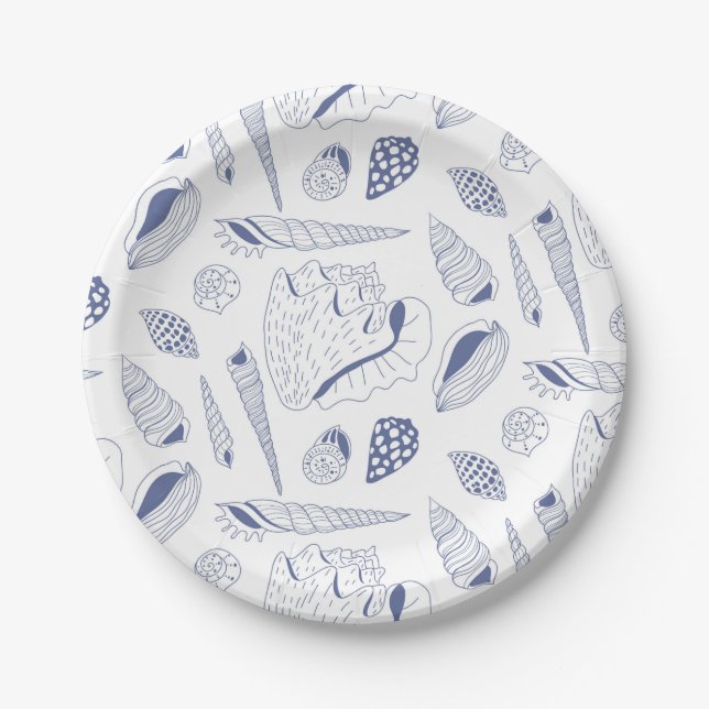 Sea shells drawing in blue and white paper plate (Front)