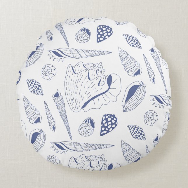 Sea shells drawing in blue and white round cushion (Front)