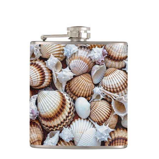 Sea Shells Flask (A symmetrical composition of various seashells, featuring a mix of textures, colors, and shapes. )