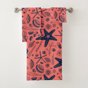 Sea shells  living coral background bath towel set