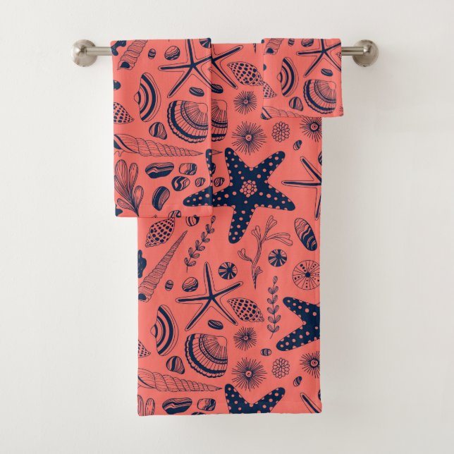Sea shells  living coral background bath towel set (Insitu)