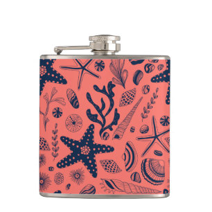 Sea shells living coral background hip flask