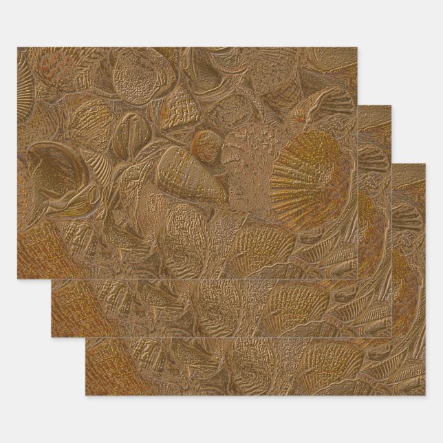 Sea Shells Ocean Beach Gold Elegant Decoupage Wrapping Paper Sheet (Set)
