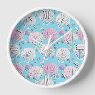 Sea shells on a turquoise blue background wall clock