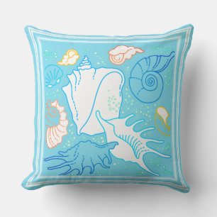 Sea Shells on Bright Blue White Trim Throw Pillow