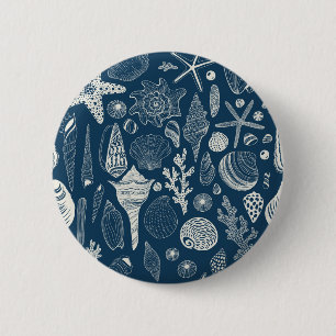 Sea shells on  dark blue 6 cm round badge