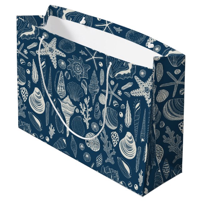 Sea shells on  dark blue large gift bag (Back Angled)