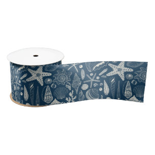 Sea shells on dark blue satin ribbon
