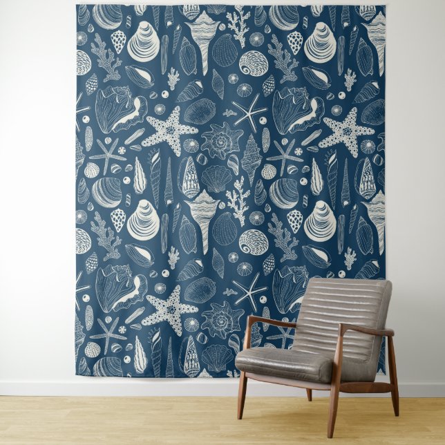 Sea shells on  dark blue tapestry (In Situ)