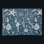 Sea shells on  dark blue tea towel<br><div class="desc">Hand-drawn vector pattern with sea shells</div>