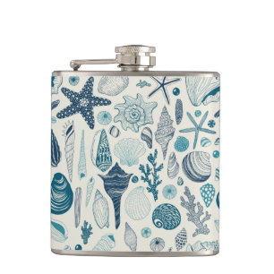 Sea shells on  off white hip flask