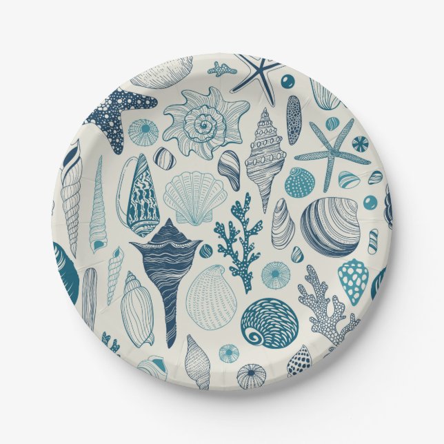 Sea shells on  off white paper plate (Front)