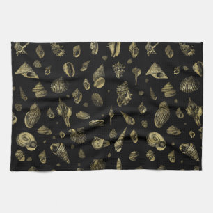 Sea shells pattern gold on black tea towel