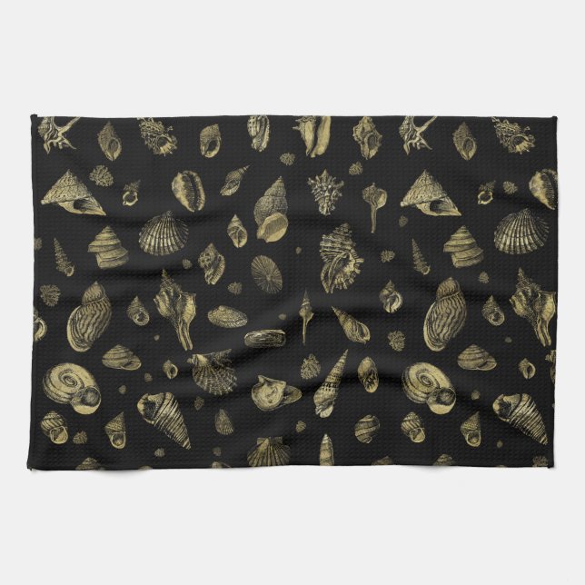 Sea shells pattern gold on black tea towel (Horizontal)