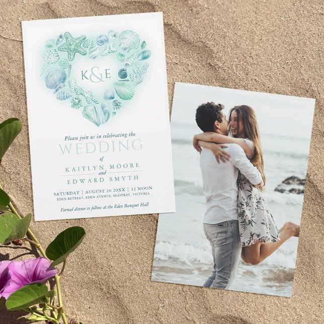 Sea shells watercolor heart beach aqua invitation (Creator Uploaded)