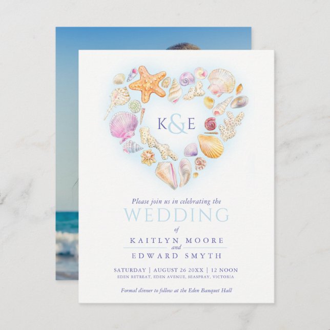 Sea shells watercolor heart beach blue invitation (Front/Back)