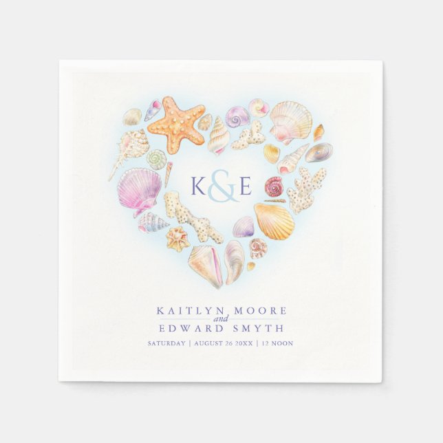 Sea shells watercolor heart beach blue napkin (Front)