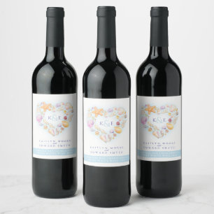 Sea shells watercolor heart beach blue white wine label