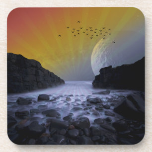 SEA SHORE ROCK COAST VINTAGE MOON SUNSET NATURE COASTER