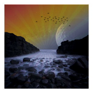 SEA SHORE ROCK COAST VINTAGE MOON SUNSET NATURE POSTER