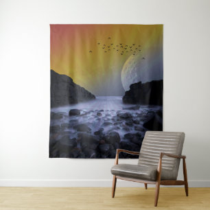 SEA SHORE ROCK COAST VINTAGE MOON SUNSET NATURE TAPESTRY